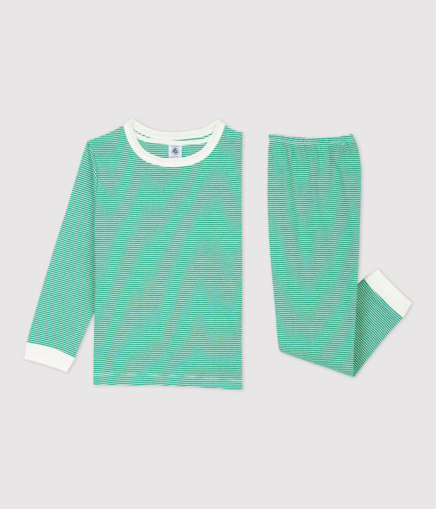 Jongens/meisjes pyjama met groene milleraies-strepen van biologisch katoen groen/wit