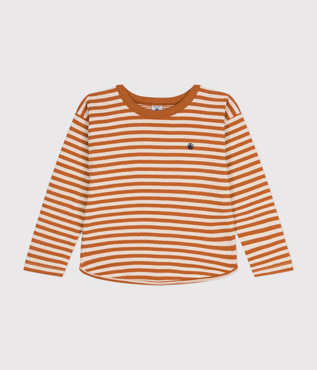 Tee-shirt manches longues ray&eacute; en tubique enfant marron/&eacute;cru