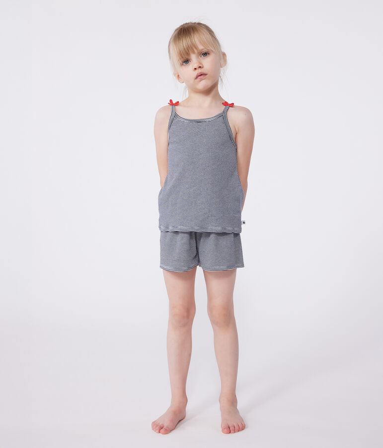Pyjama short enfant en coton &agrave; bretelles &agrave; rayures bleu/blanc