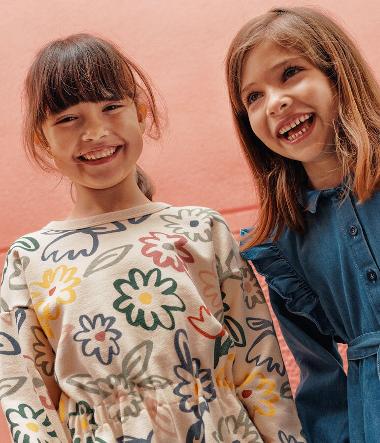 Robe manches longues en molleton enfant fille &eacute;cru/multicouleur