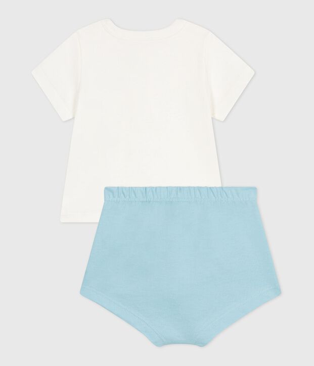 Tweedelig katoenen geboortesetje met effen onderstuk blauw/blauw
