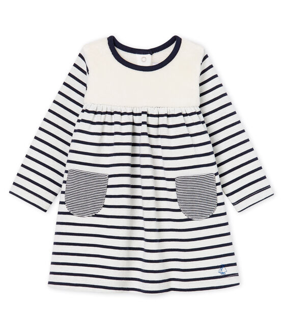 Gestreepte jurk met lange mouwen babymeisje wit MARSHMALLOW/blauw SMOKING CN