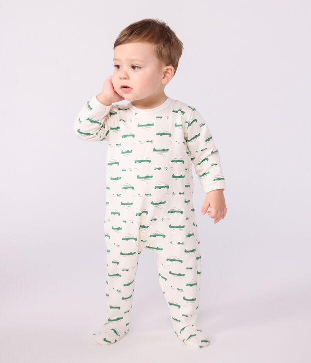 Babypyjama van geruwde fleece met opening op de rug en krokodillenprint ecru/multicouleur