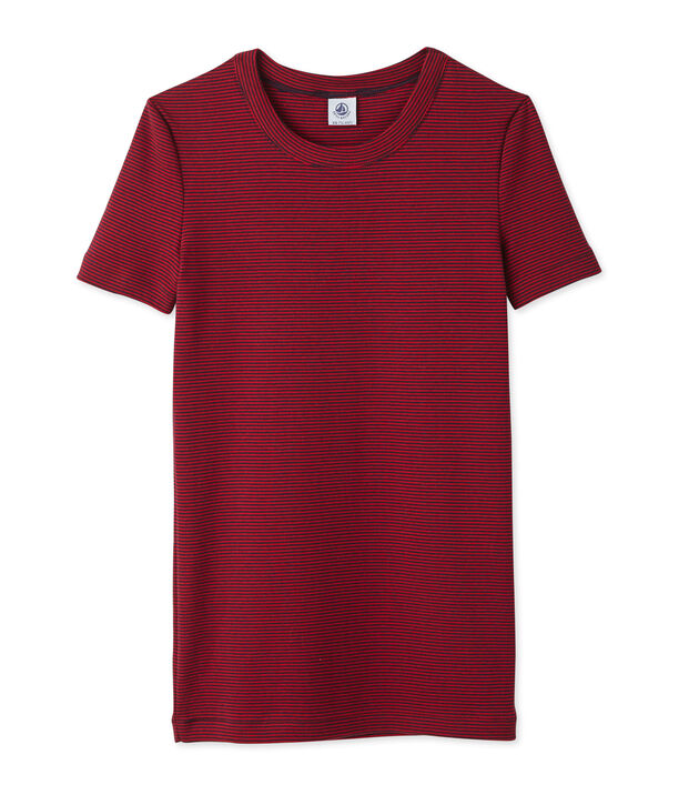 Dames-T-shirt met milleraies-strepen blauw/rood