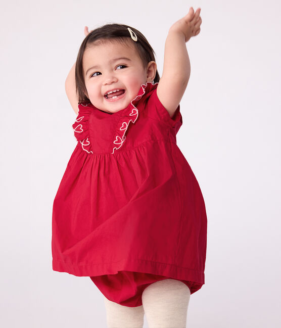 Robe bébé en coton manches courtes unie avec son bloomer rouge TERKUIT
