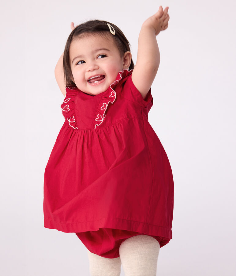 Robe b&eacute;b&eacute; en coton manches courtes unie avec son bloomer rouge