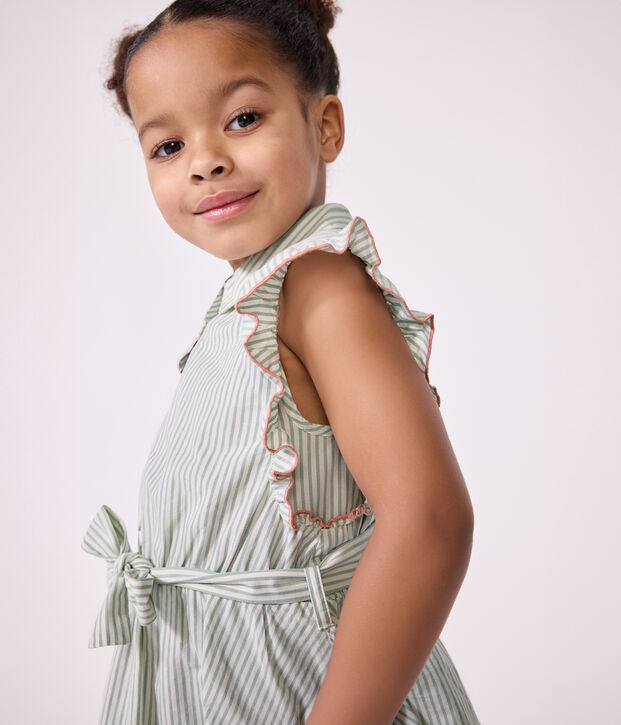 Robe sans manche enfant en coton &agrave; rayures vert/blanc