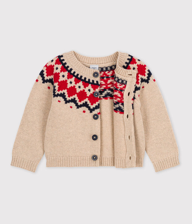 Babycardigan in tricot van wol en katoen beige/multicouleur