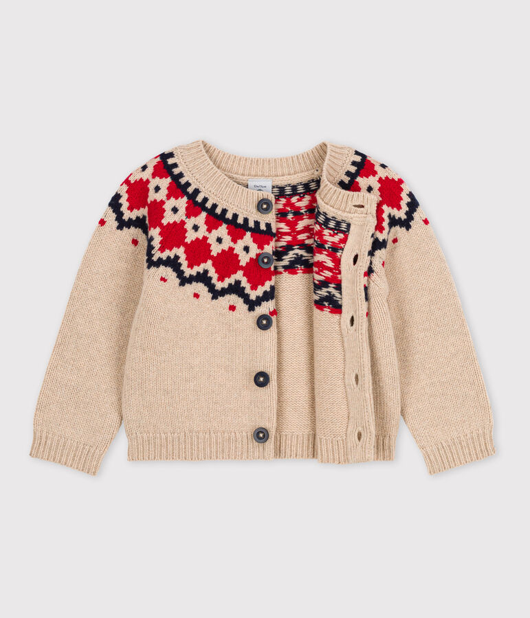 Babycardigan in tricot van wol en katoen beige/multicouleur