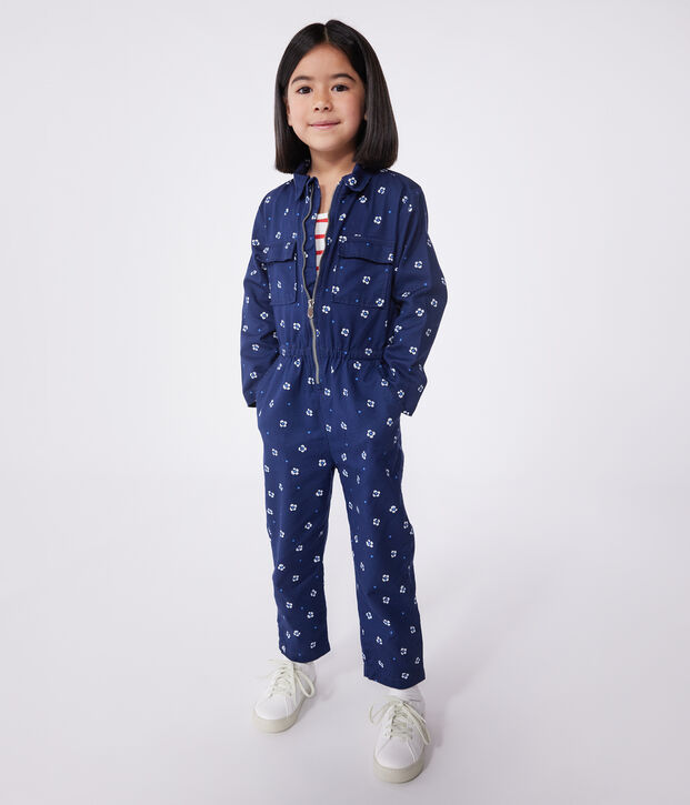 Katoenen kinderjumpsuit met lange mouwen en bloemenprint blauw/wit