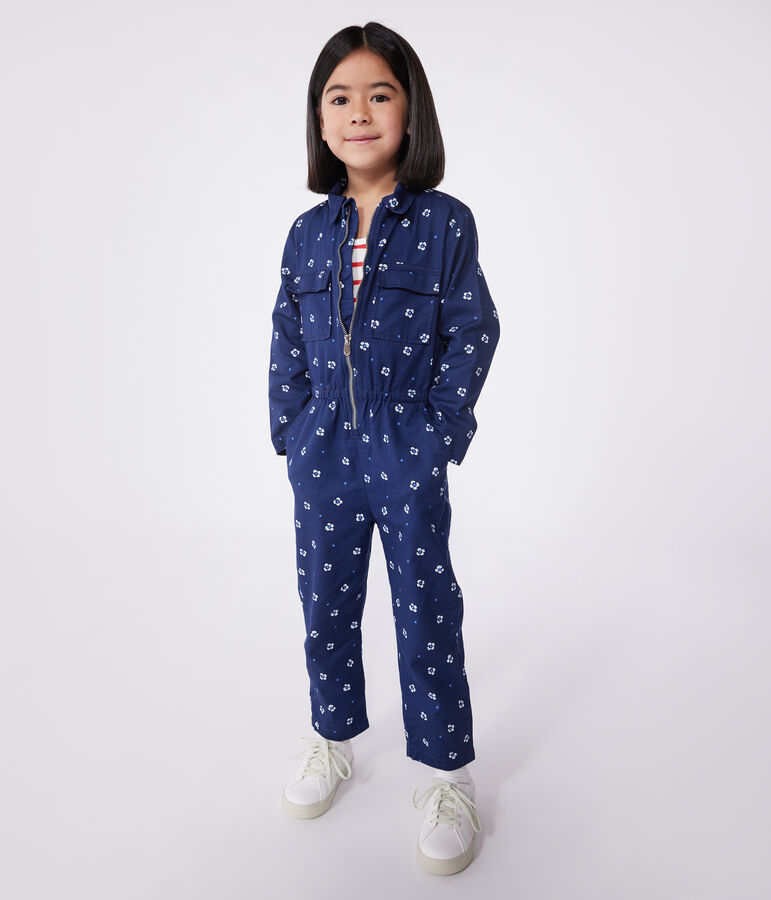 Combinaison enfant en coton manches longues fleurie bleu/blanc