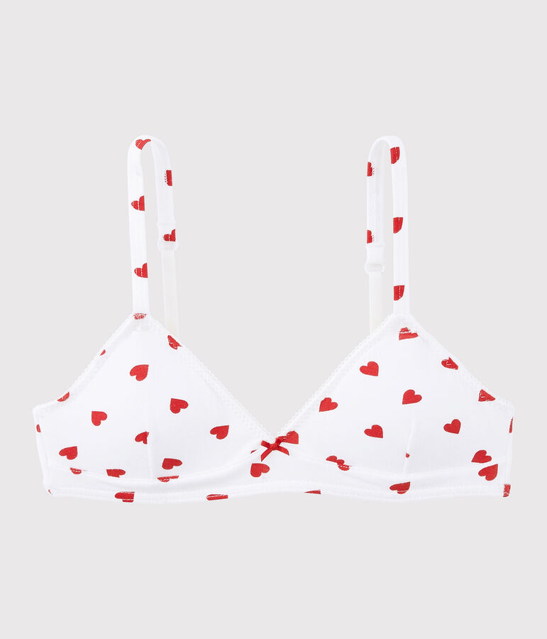 Soutien-gorge padd&eacute; c&oelig;ur rouge fille en coton biologique  et elasthanne blanc MARSHMALLOW/rouge PEPS