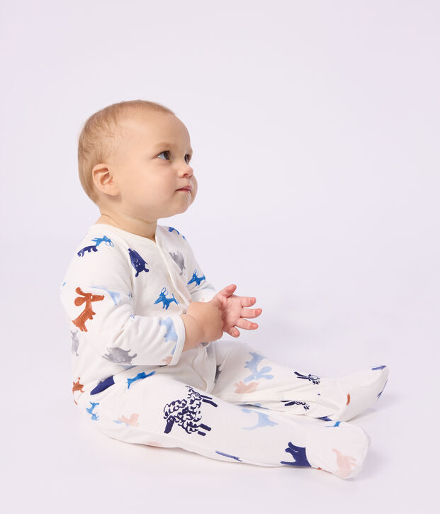 Babypyjama van geruwde fleece met hondjesprint wit/multicouleur