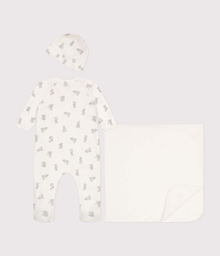 Lot 3 pi&egrave;ces en coton b&eacute;b&eacute; blanc/gris