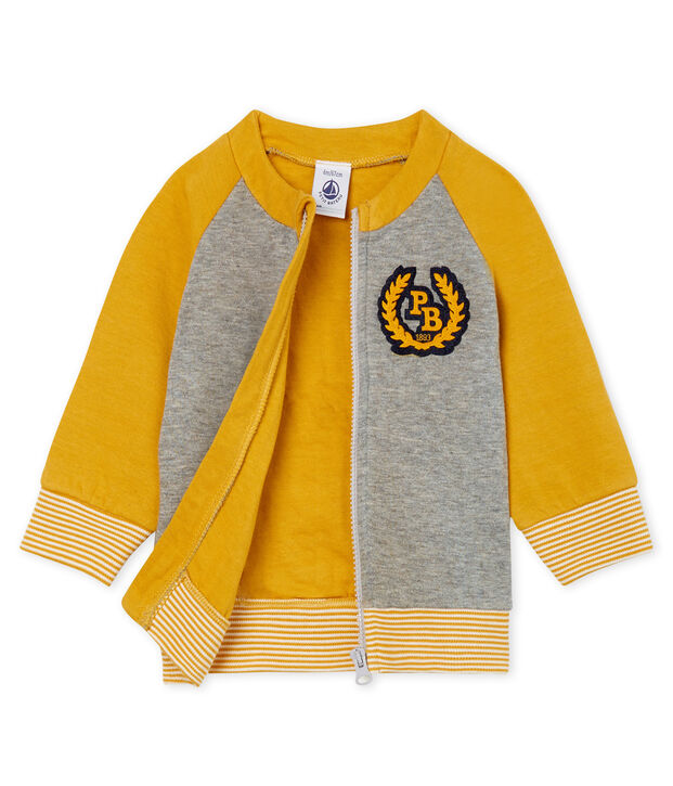 Cardigan van tubic met rits babyjongen grijs/geel