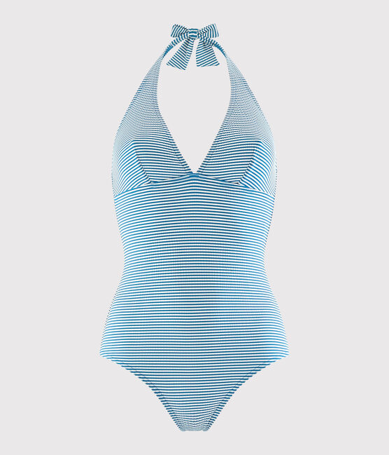 Maillot de bain 1 pièce recyclé Femme bleu MYKONOS/blanc MARSHMALLOW