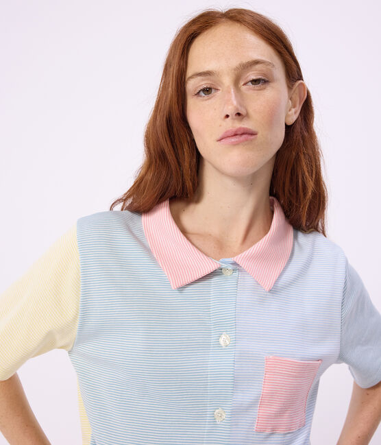 Pyjama short boutonné femme en coton à rayures blanc MARSHMALLOW/blanc MULTICO