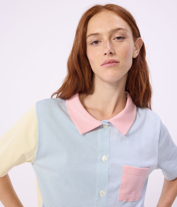 Pyjama short boutonn&eacute; femme en coton &agrave; rayures blanc/multicouleur