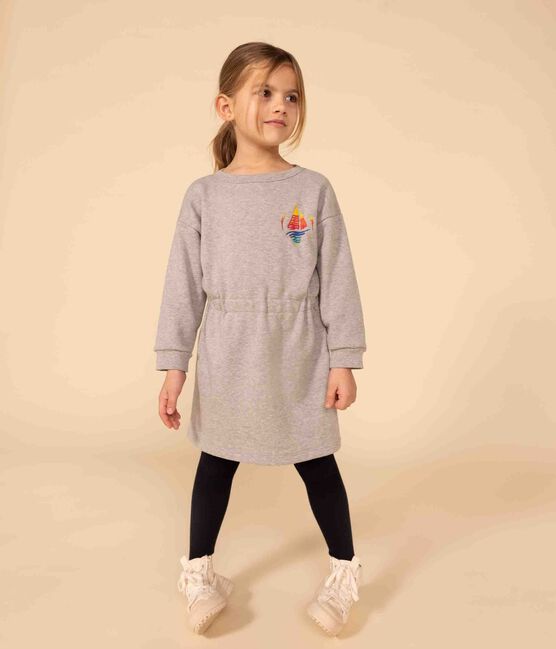 Meisjesjurk met lange mouwen en geborstelde fleeceprint grijs CHATON CHINE