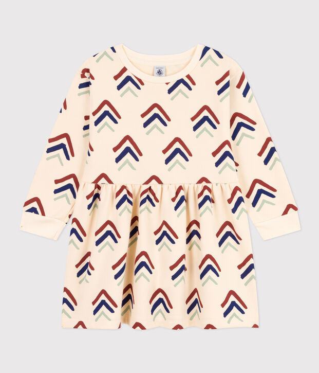 Meisjesjurk met lange mouwen in fleece met print ecru/blauw/multicouleur
