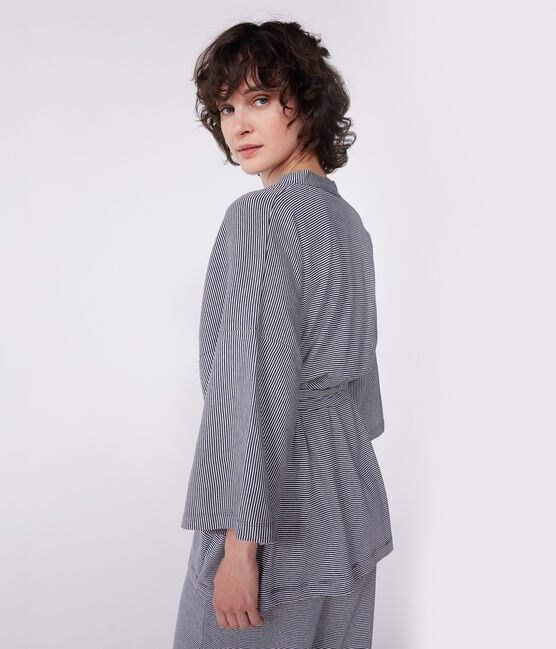 Gestreepte kimono voor vrouwen blauw SMOKING/wit MARSHMALLOW