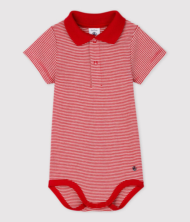 Body col polo en coton manches courtes b&eacute;b&eacute; gar&ccedil;on rouge/blanc