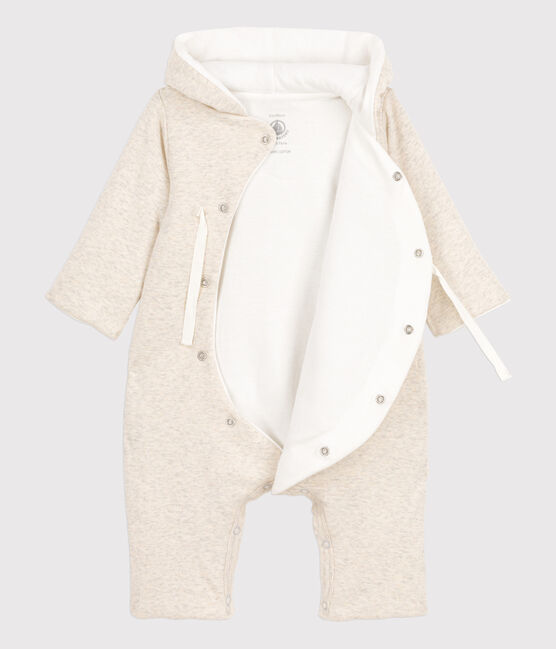 Combinaison longue grise chinée à capuche bébé en coton biologique beige MONTELIMAR CHINE