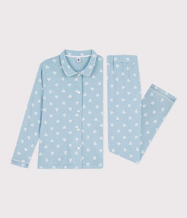 Pyjama boutonn&eacute; femme en coton imprim&eacute; vert/blanc