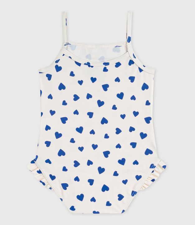 Maillot de bain b&eacute;b&eacute; une pi&egrave;ce &agrave; volants, imprim&eacute; c&oelig;urs blanc/bleu