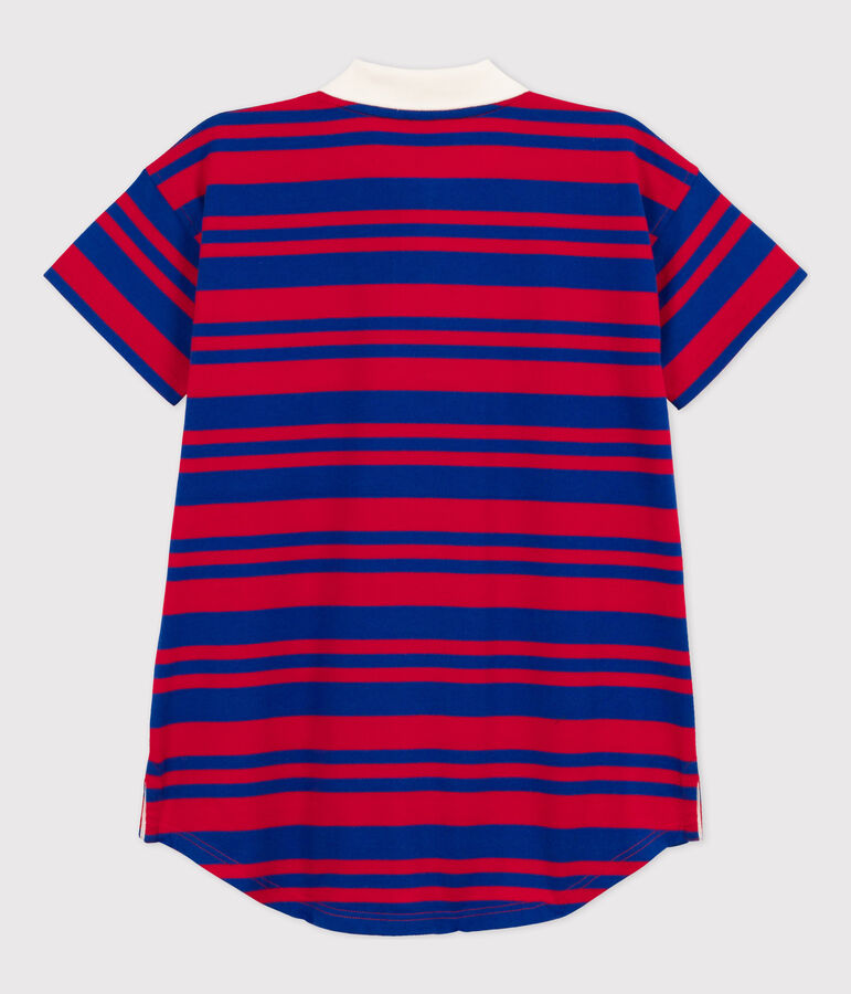Robe ray&eacute;e manches courtes en coton enfant fille bleu/rouge