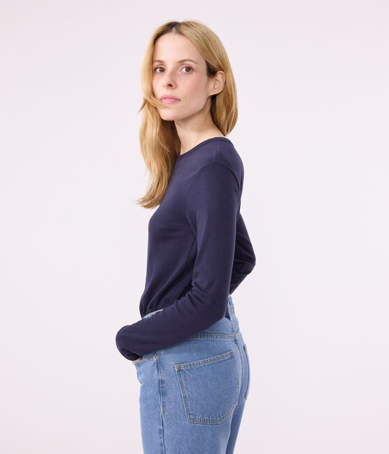 L'Iconique, T-shirt met lange mouw van effen ribstof voor dames blauw SMOKING