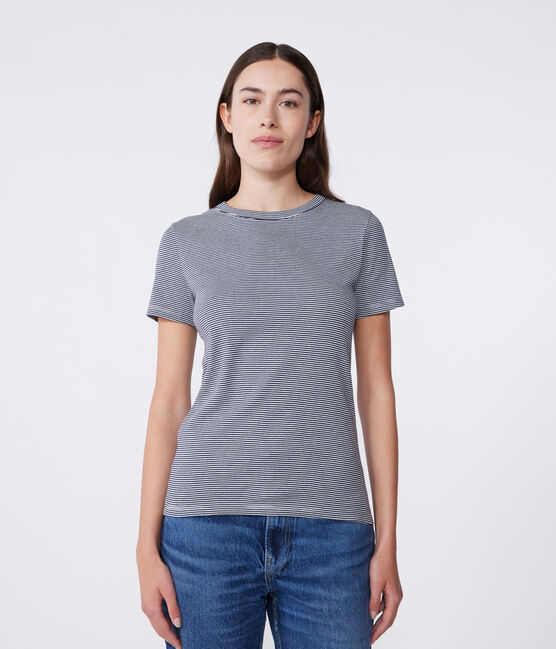 L'Iconique, gestreept T-shirt met korte mouw van ribstof voor dames blauw SMOKING/wit MARSHMALLOW
