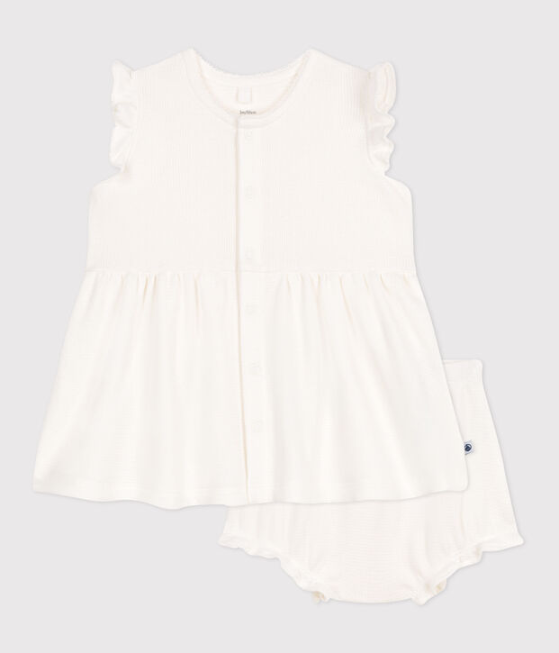 Robe blanche b&eacute;b&eacute; en nid d'abeille &agrave; manches courtes et bloomer blanc