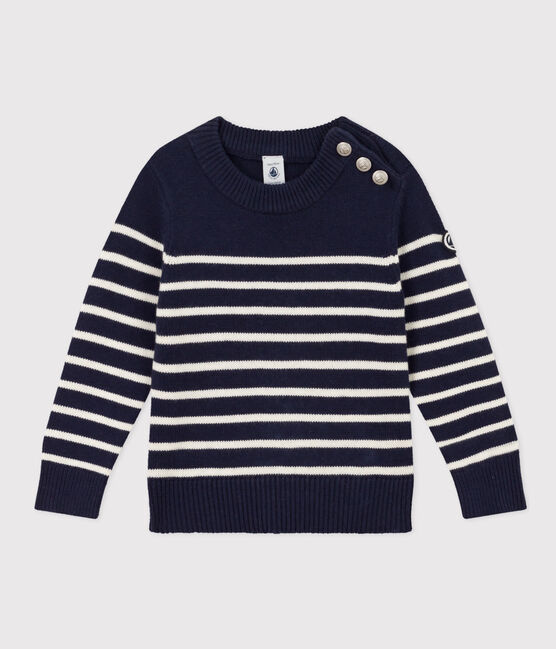 Meisjes/jongens pull van wol en katoen blauw SMOKING/wit MARSHMALLOW