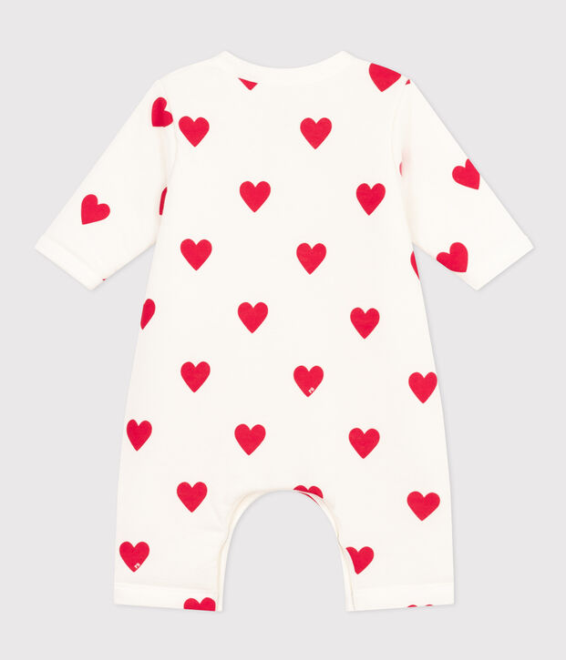 Gewatteerd lang babypakje met kap van katoen wit/rood