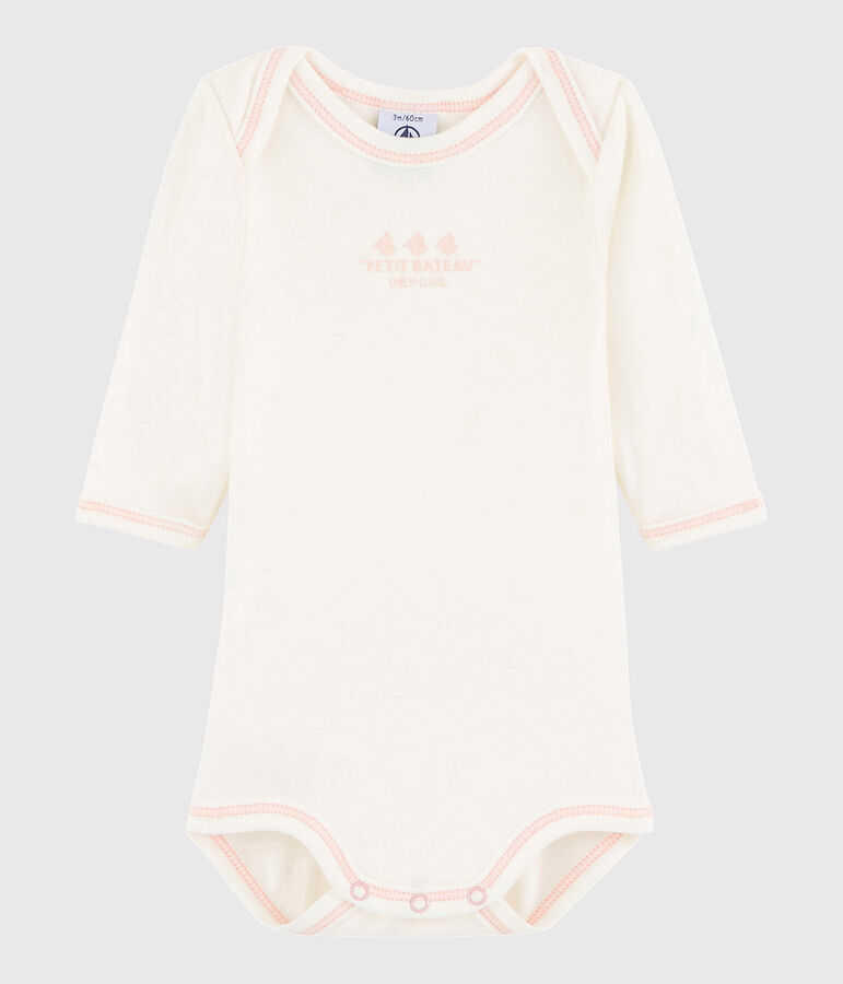 Body manches longues b&eacute;b&eacute; fille blanc MARSHMALLOW/rose CHARME