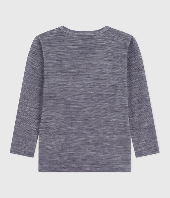 Tee-shirt enfant en laine et coton manches longues à rayures bleu SOIR/ MARSHMALLOW