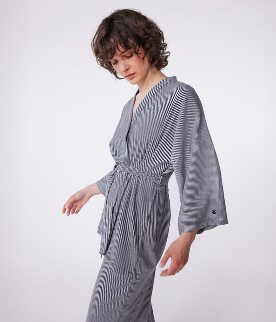 Gestreepte kimono voor vrouwen blauw SMOKING/wit MARSHMALLOW