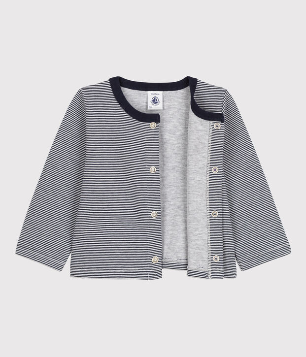 Cardigan b&eacute;b&eacute; ray&eacute; milleraies en jersey &eacute;pais bleu/blanc