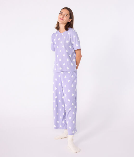 Pyjama femme en coton manches courtes jambes larges imprimé cœurs blanc SQUAW/ MARSHMALLOW