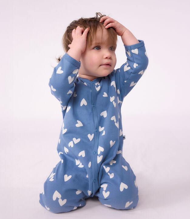 Fleece babypyjama met hartjesprint blauw/wit