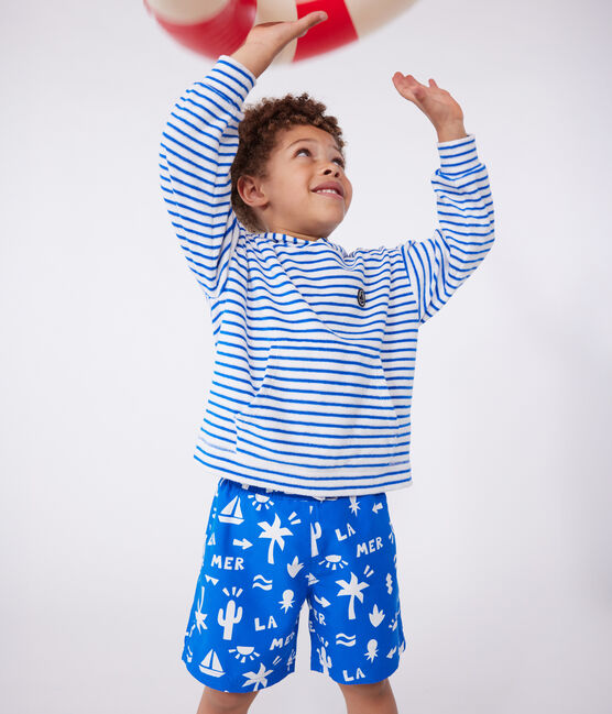 Uniseks sweatshirt met kap en streepjes van katoenen badstof voor kinderen blauw MARSHMALLOW/ PORCELANA