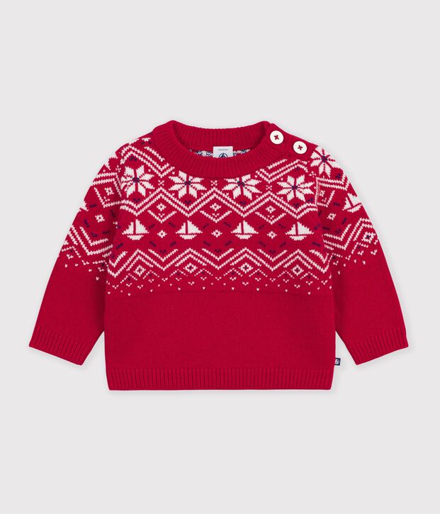 Pull b&eacute;b&eacute; en laine et coton &agrave; motifs jacquard rouge/multicouleur