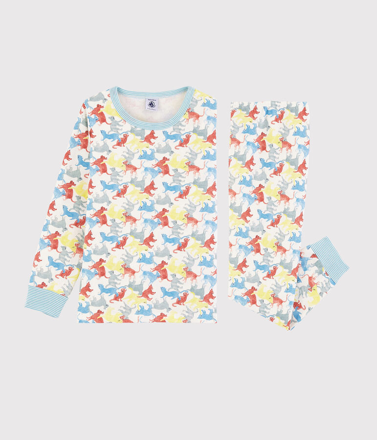 Pyjama imprim&eacute; chats petit gar&ccedil;on en molleton blanc/multicouleur