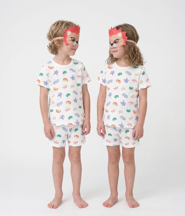 Korte katoenen verkleedpyjama met maskertjesprint voor kinderen wit/multicouleur