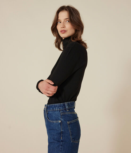 L'ICONIQUE, dames-T-shirt met rolkraag in katoen zwart BLACK