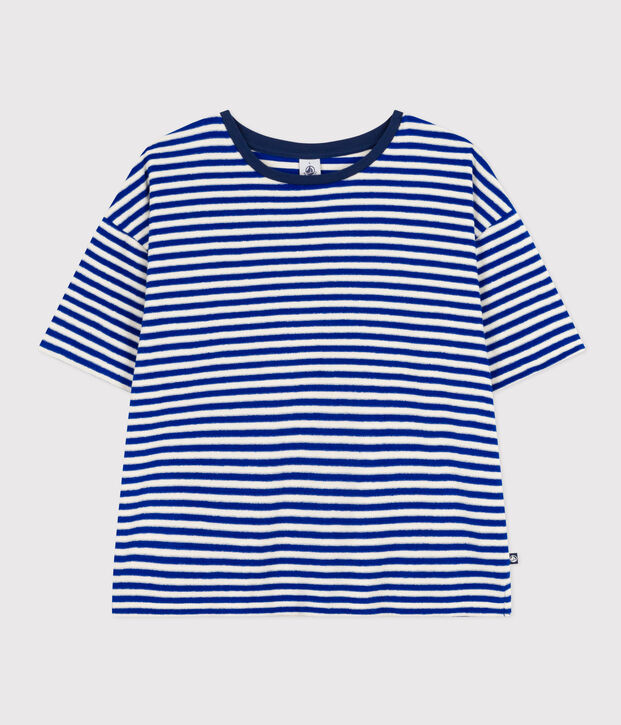 Tee-shirt le Boxy en coton &eacute;ponge ray&eacute; femme bleu/&eacute;cru