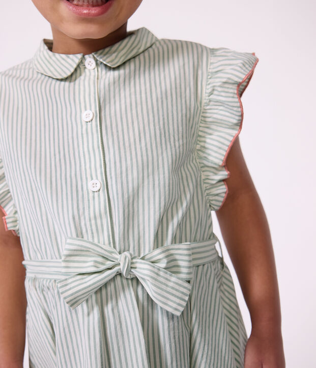 Robe sans manche enfant en coton &agrave; rayures vert/blanc