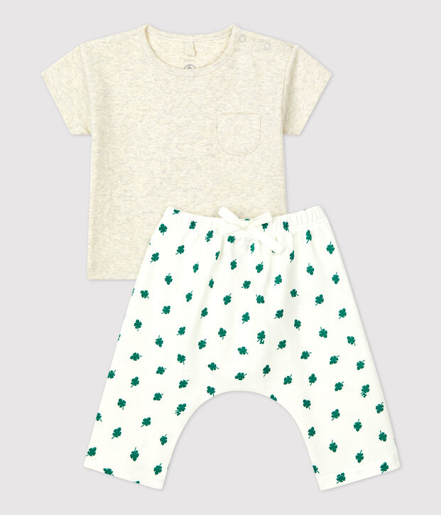 Ensemble 2 pi&egrave;ces imprim&eacute; v&eacute;g&eacute;tal en molleton bio b&eacute;b&eacute; beige/multicouleur