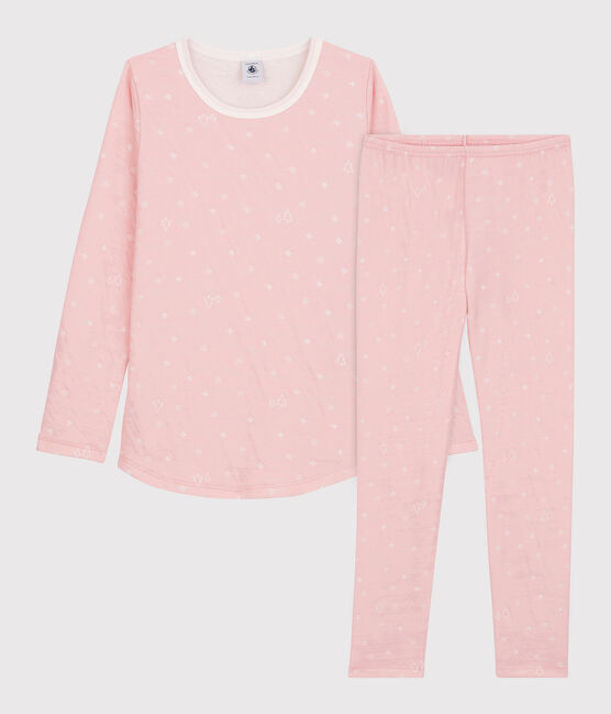 Jacquard meisjespyjama met sneeuwvlokken van wol en katoen roze CHARME/wit MARSHMALLOW